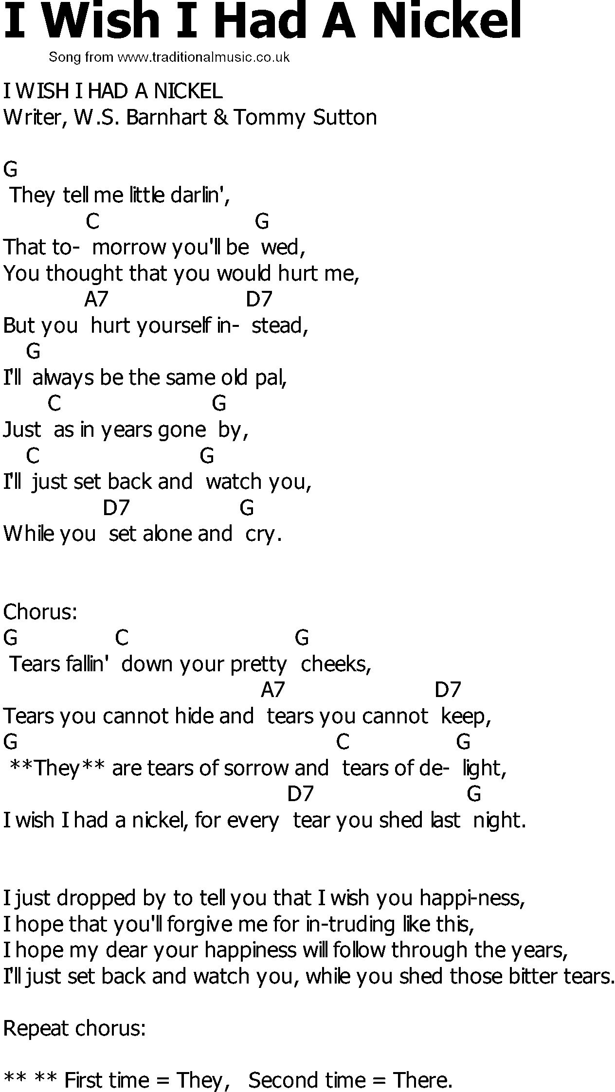 Old Country song lyrics with chords - I Wish I Had A Nickel