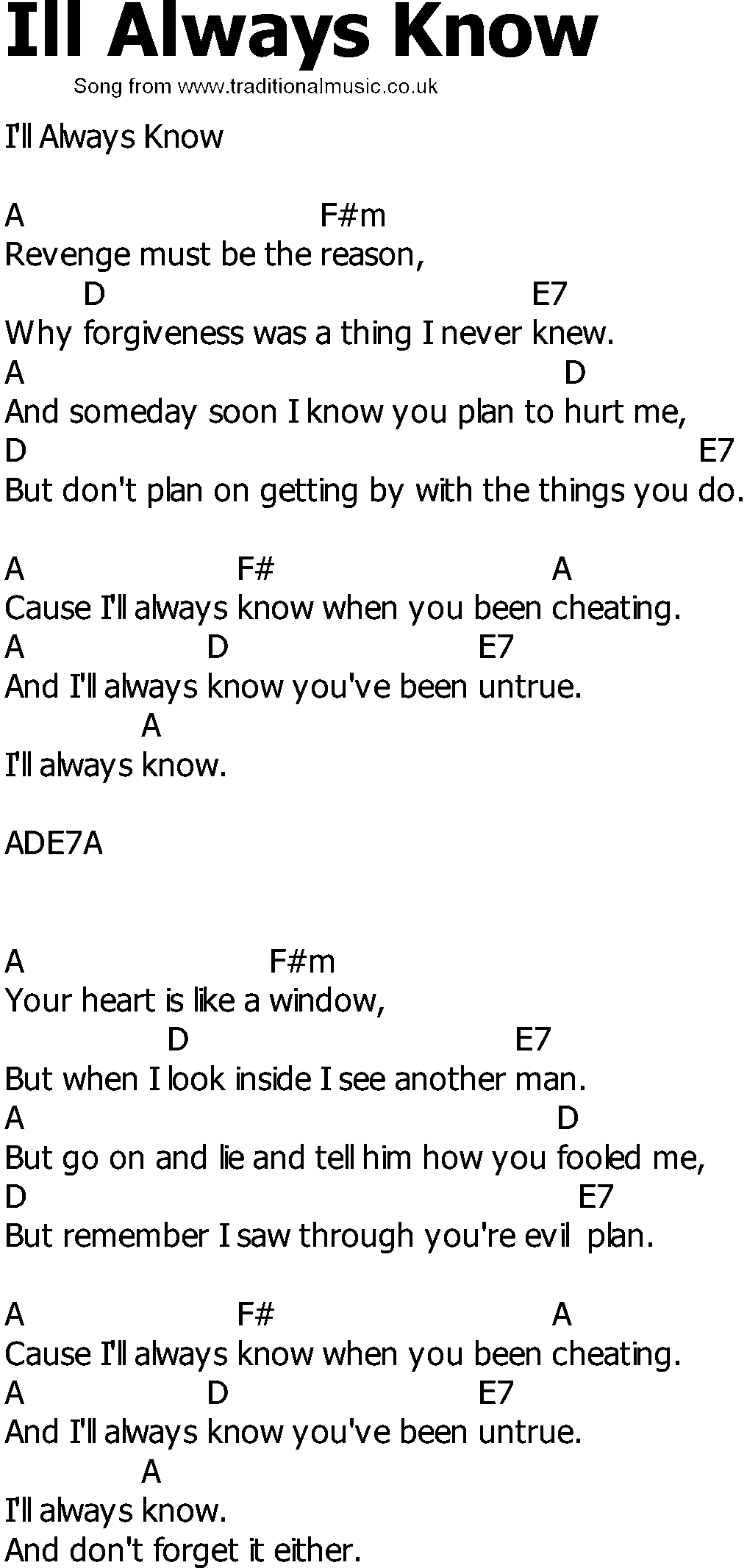 Old Country song lyrics with chords - Ill Always Know