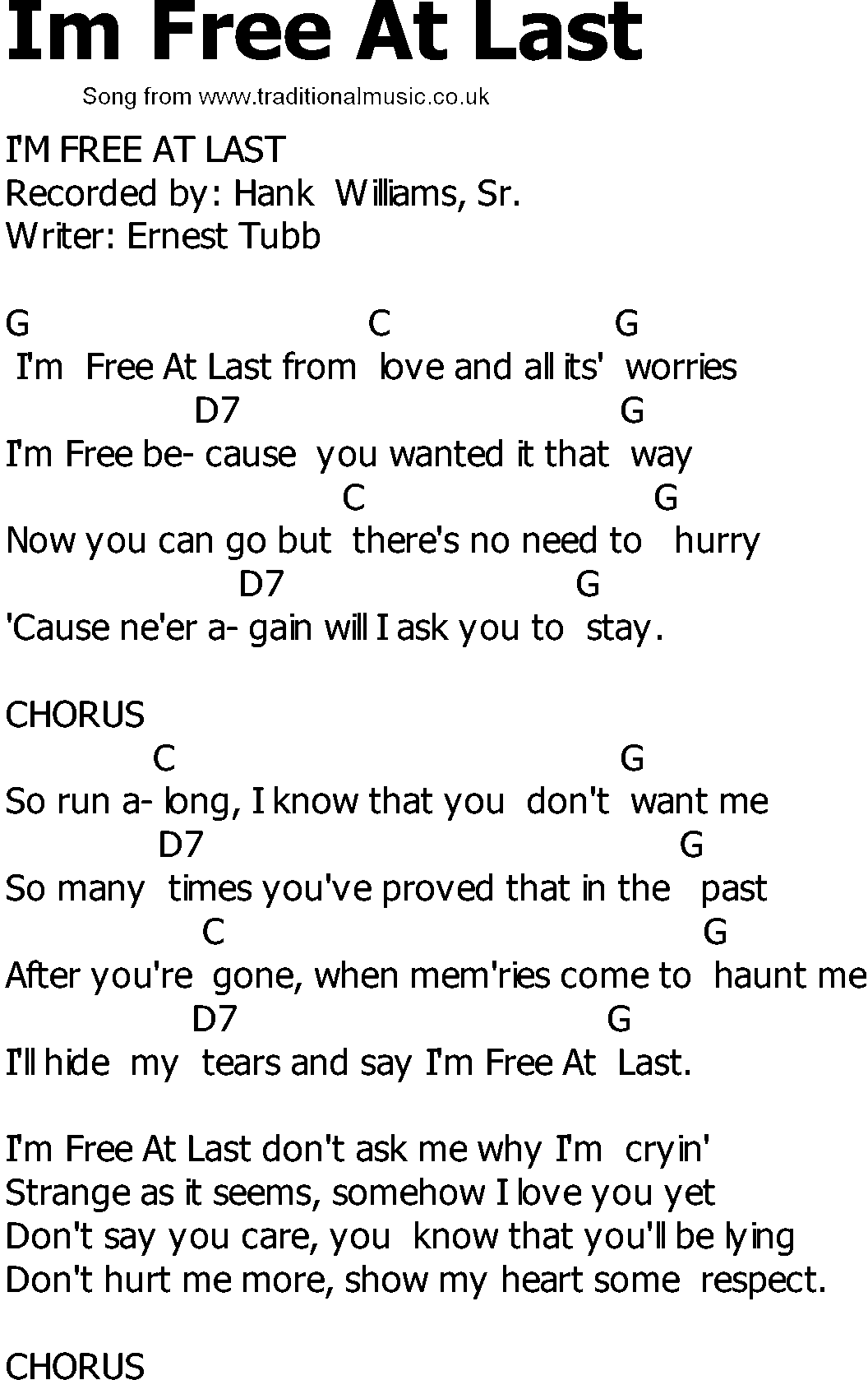 Old Country song lyrics with chords - Im Free At Last