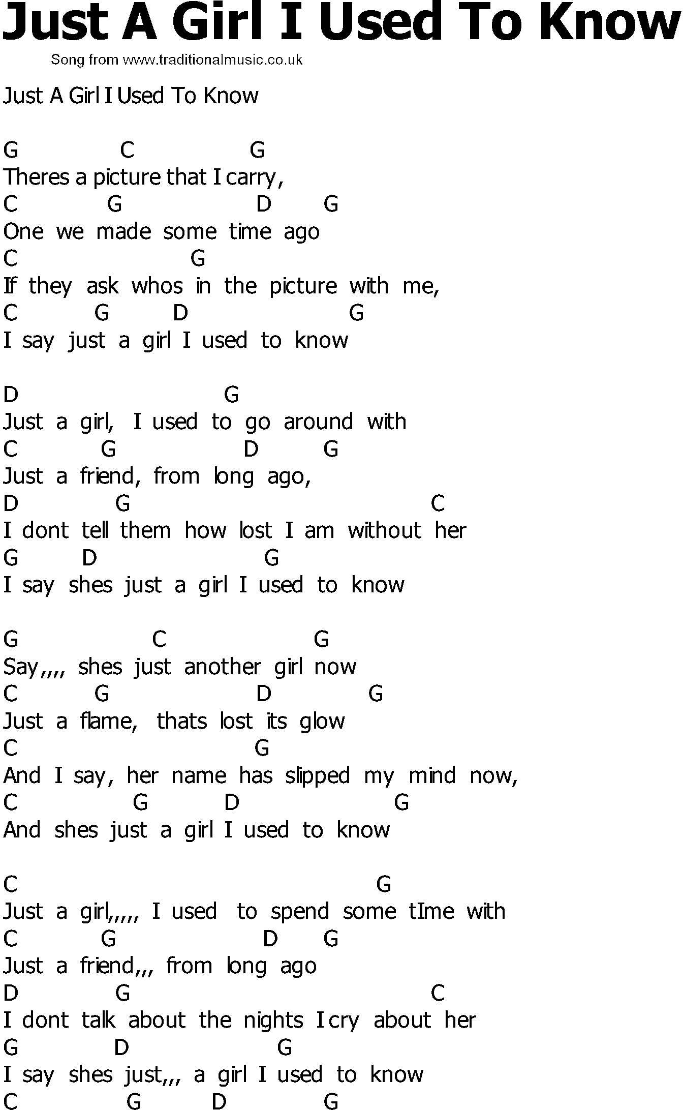 Old Country song lyrics with chords - Just A Girl I Used To Know