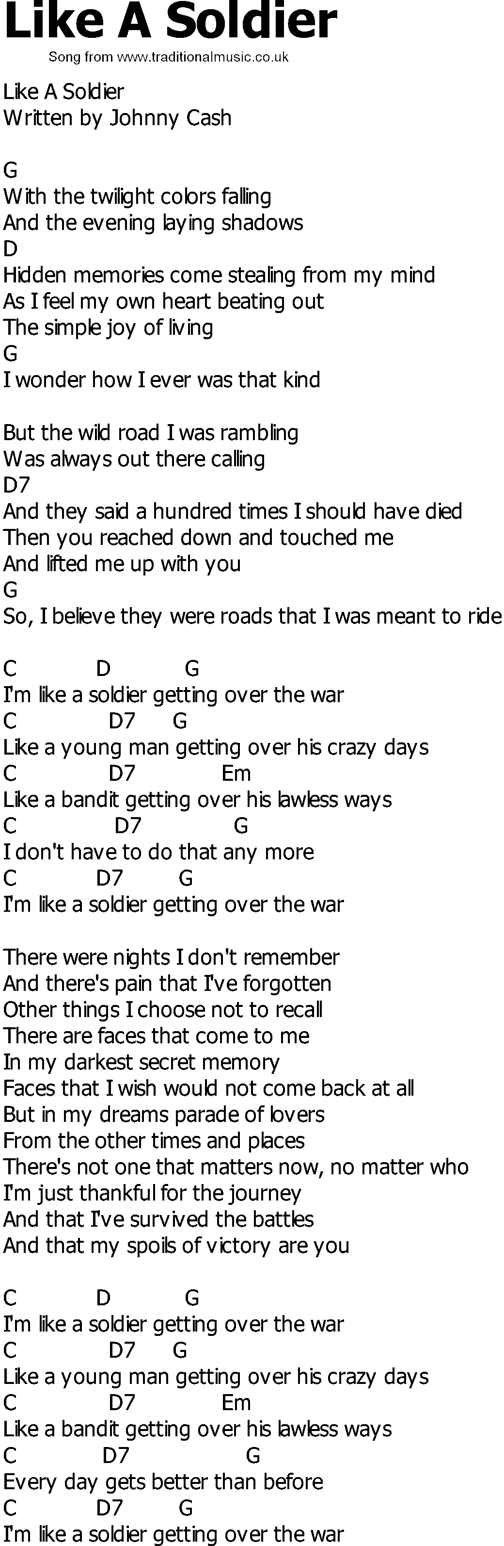 Old Country song lyrics with chords - Like A Soldier