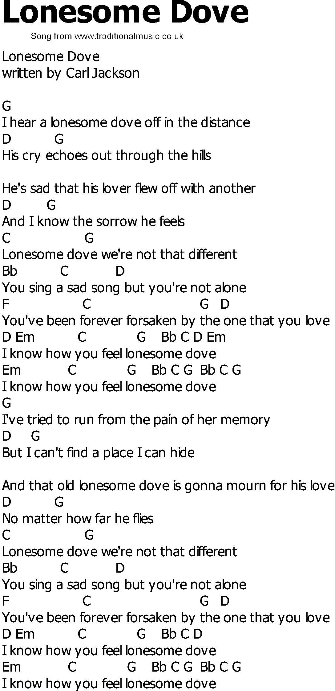 Old Country song lyrics with chords - Lonesome Dove