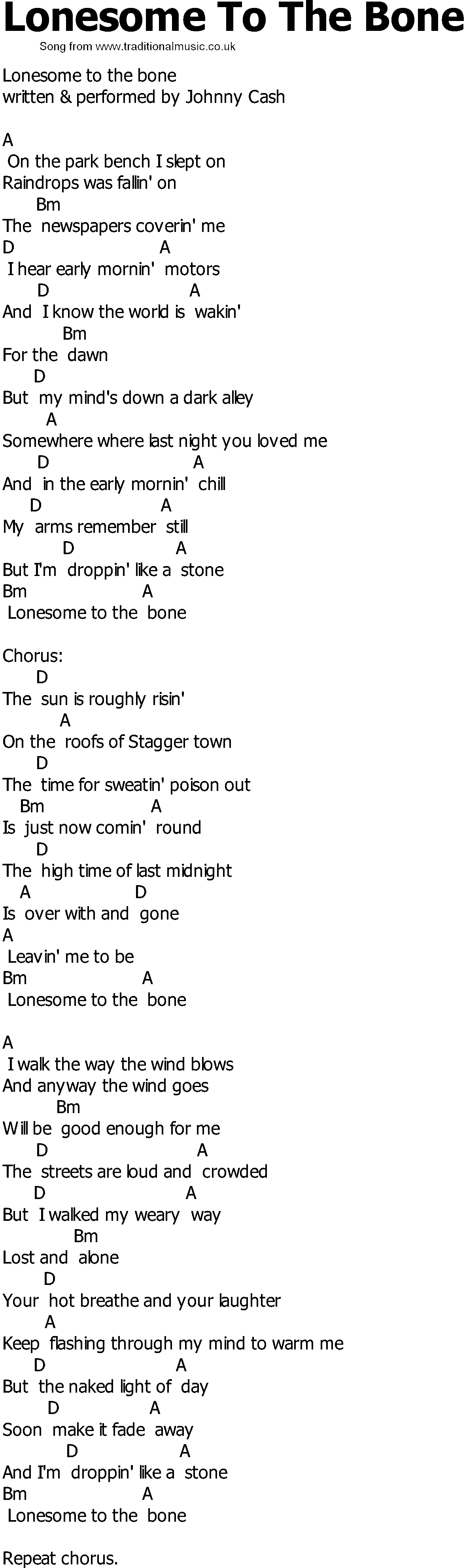 Old Country song lyrics with chords - Lonesome To The Bone