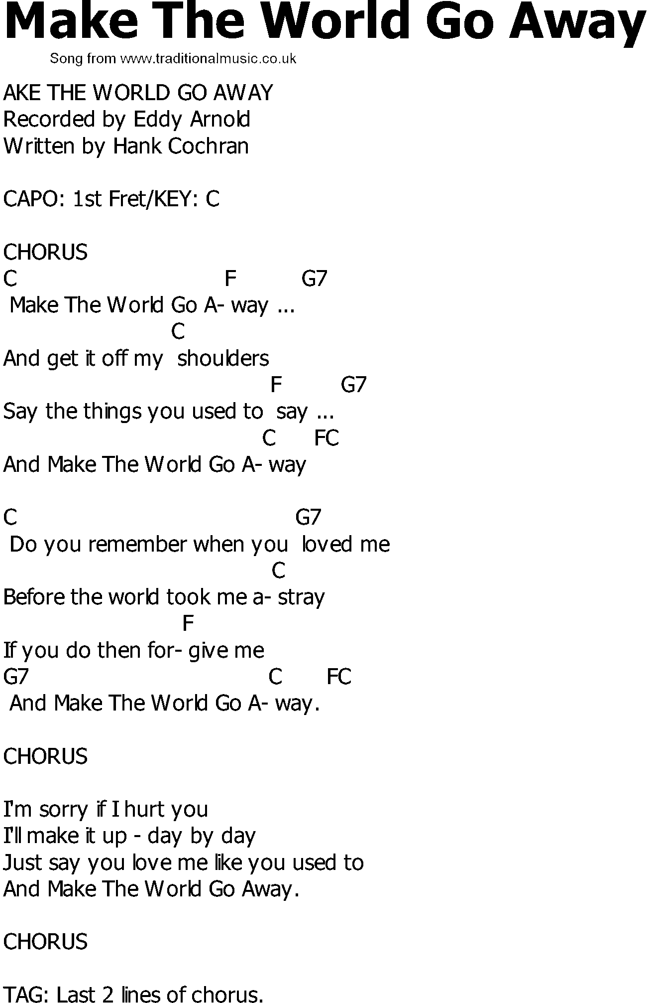 Old Country song lyrics with chords - Make The World Go Away