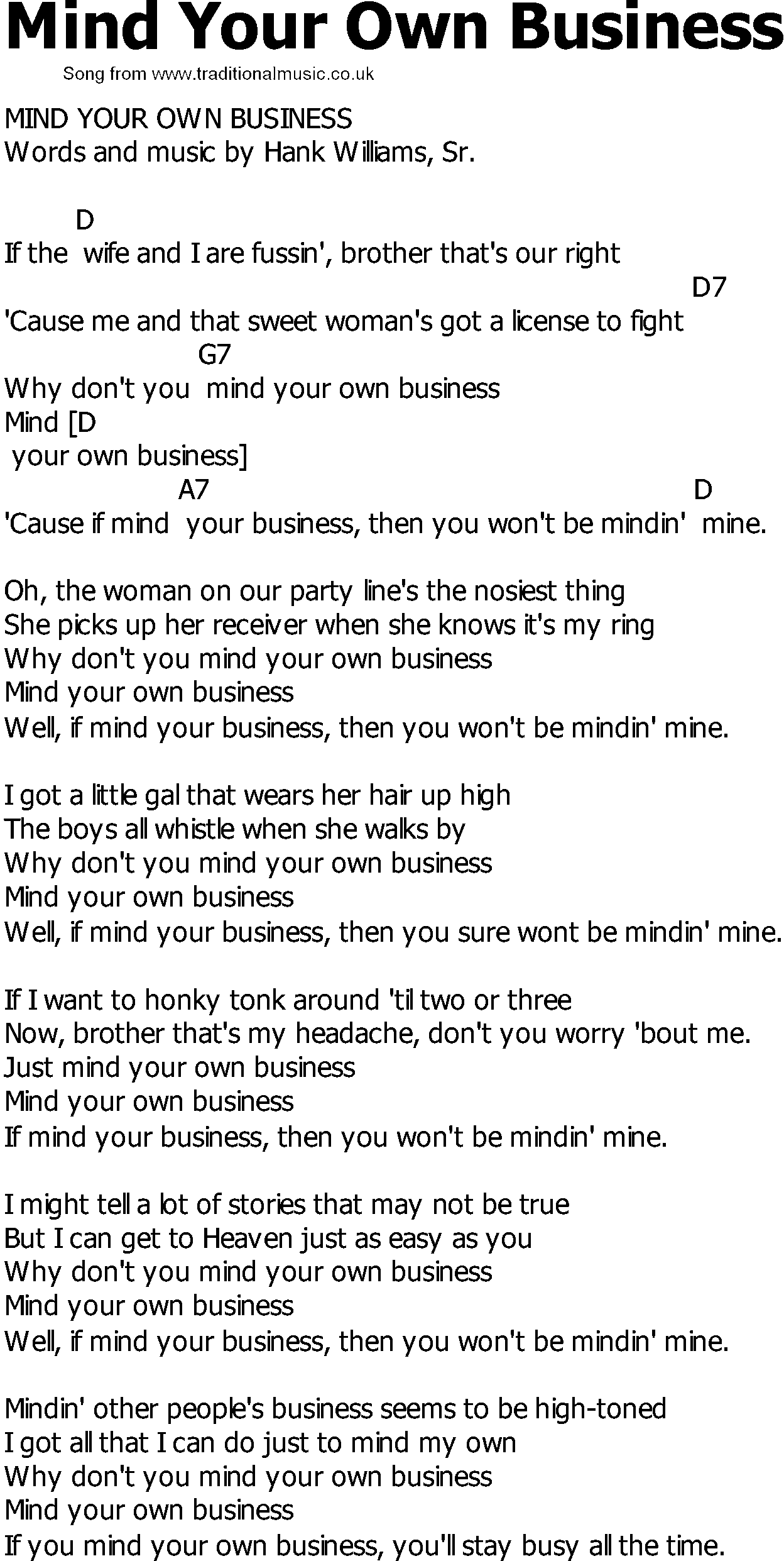 Old Country song lyrics with chords - Mind Your Own Business