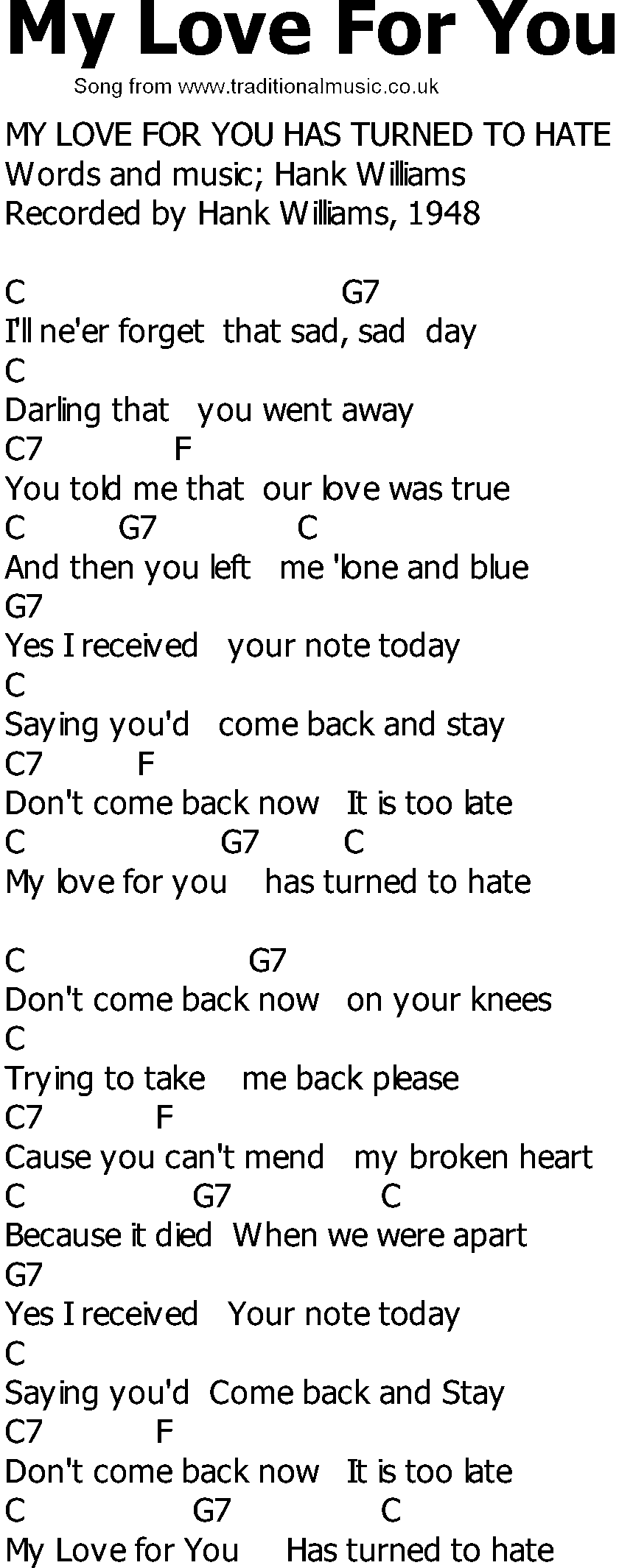 Old Country song lyrics with chords - My Love For You