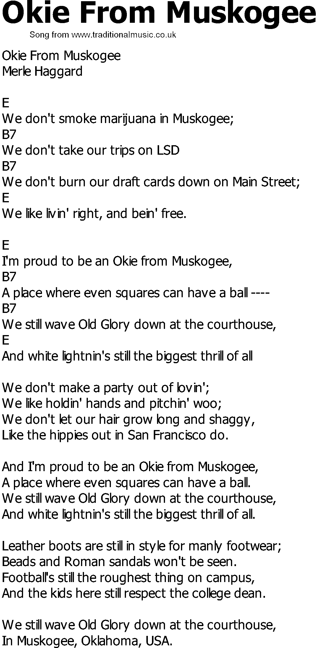 Old Country song lyrics with chords - Okie From Muskogee