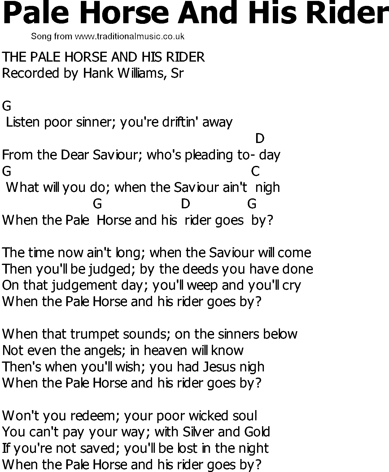 Old Country song lyrics with chords - Pale Horse And His Rider