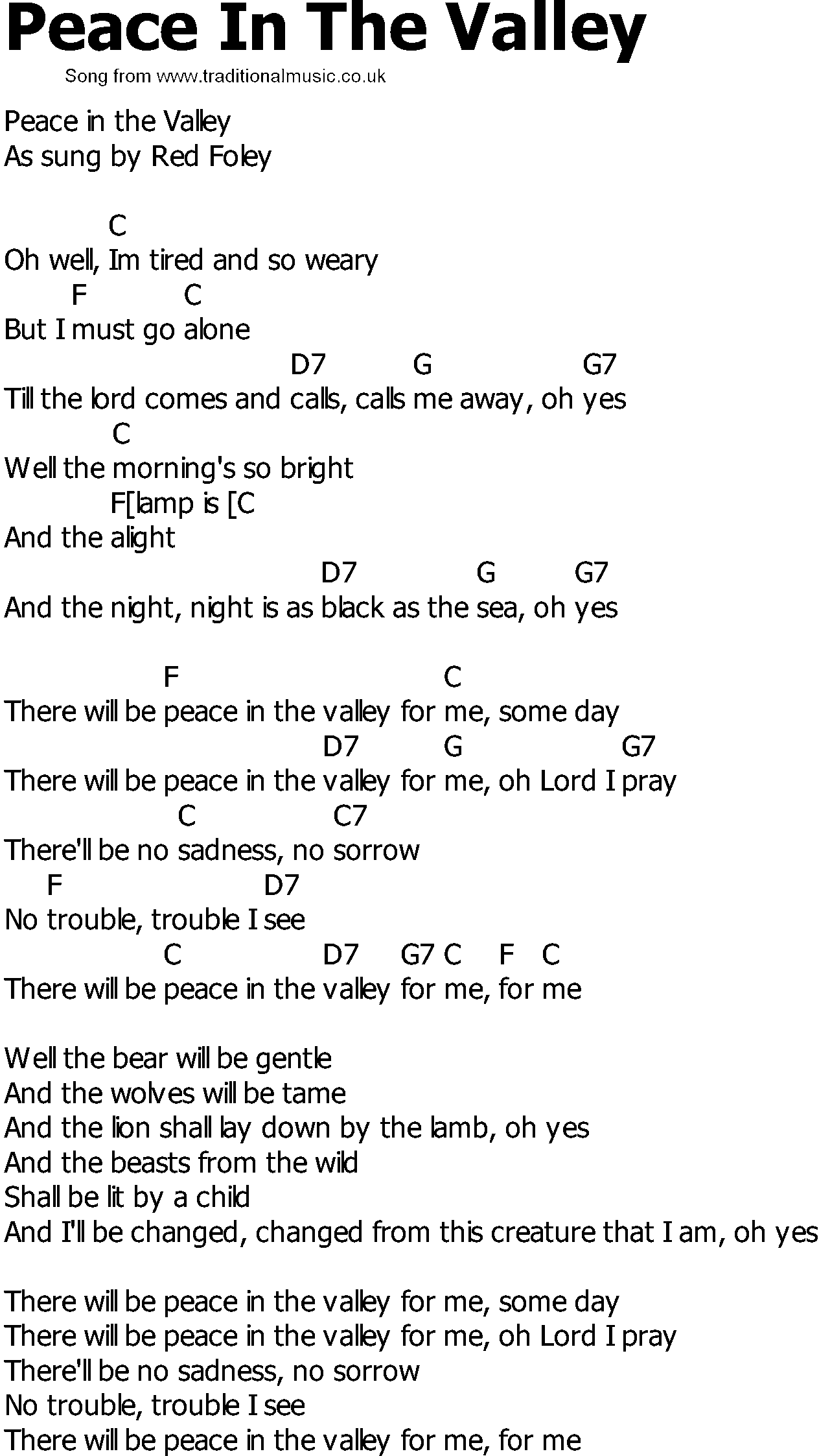 Old Country song lyrics with chords - Peace In The Valley