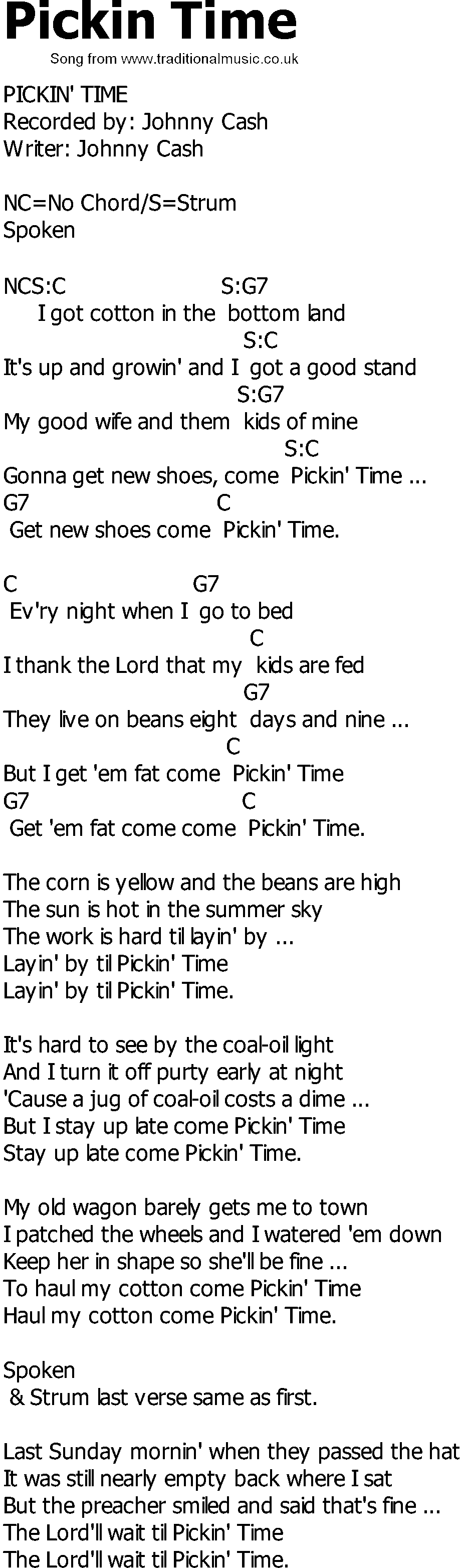Old Country song lyrics with chords - Pickin Time