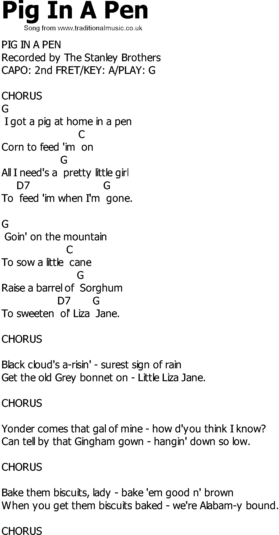 Old Country song lyrics with chords - Pig In A Pen