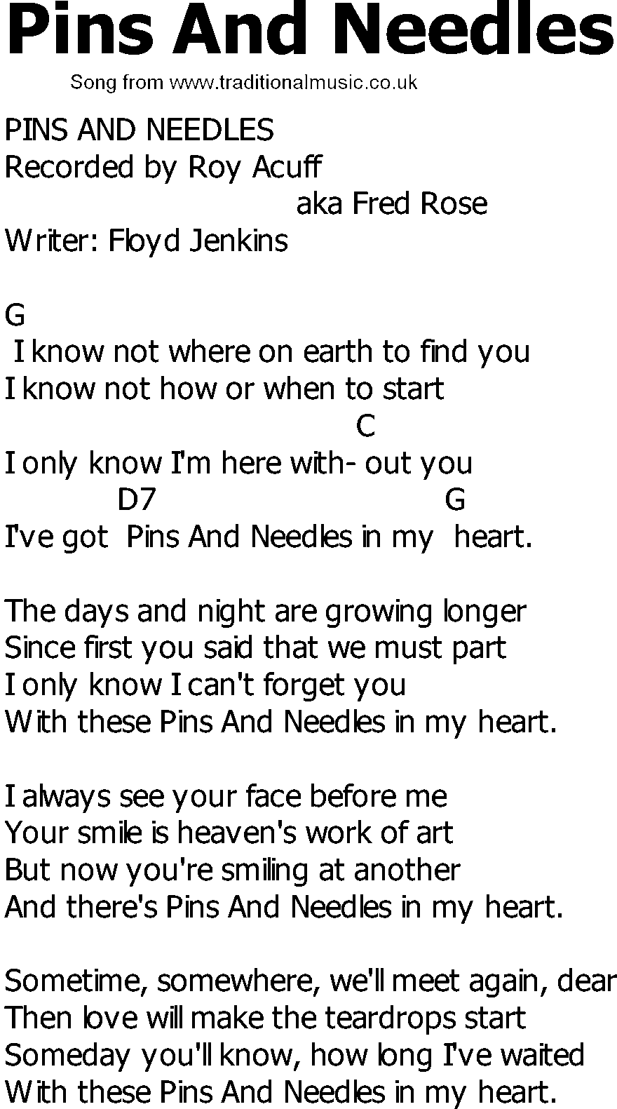 Old Country song lyrics with chords - Pins And Needles