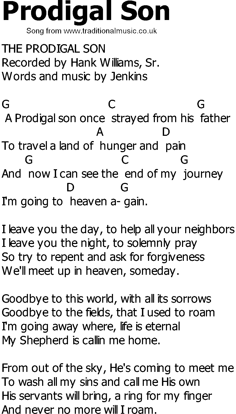 Old Country song lyrics with chords - Prodigal Son