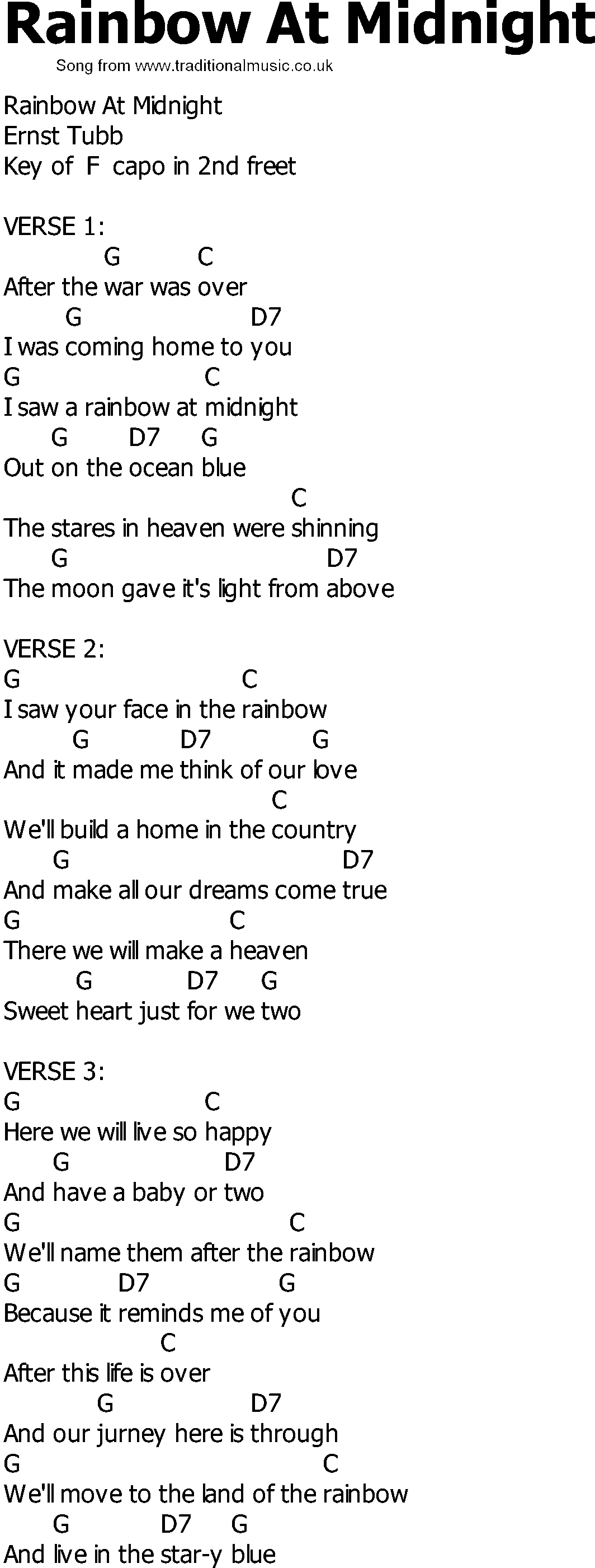 Old Country song lyrics with chords - Rainbow At Midnight