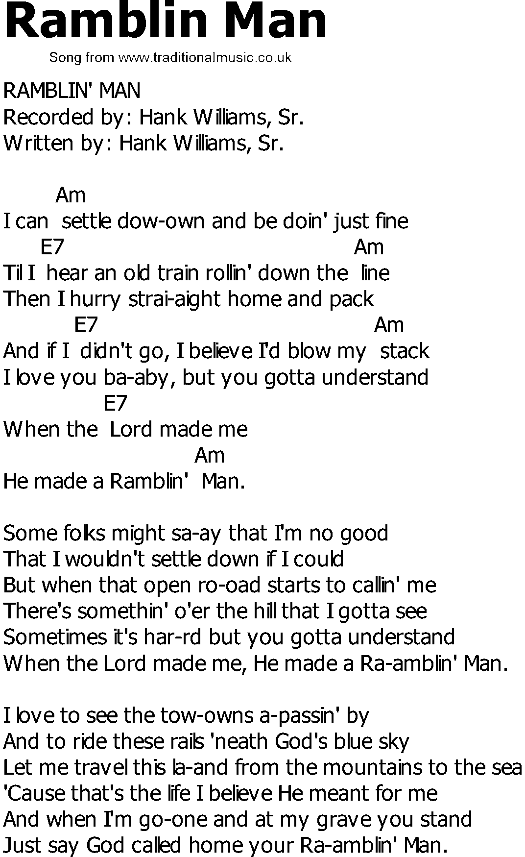 Old Country song lyrics with chords - Ramblin Man