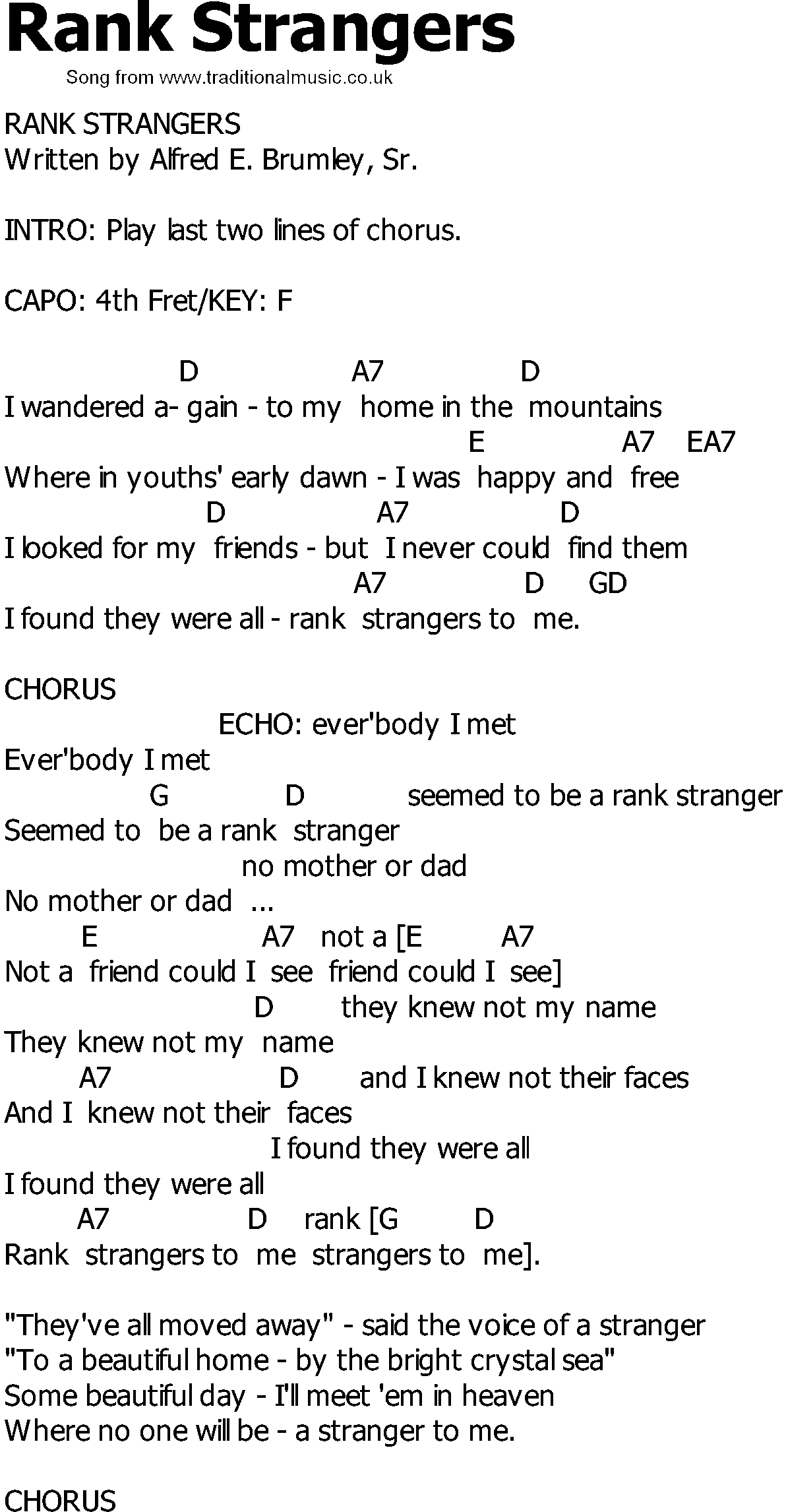 Old Country song lyrics with chords - Rank Strangers