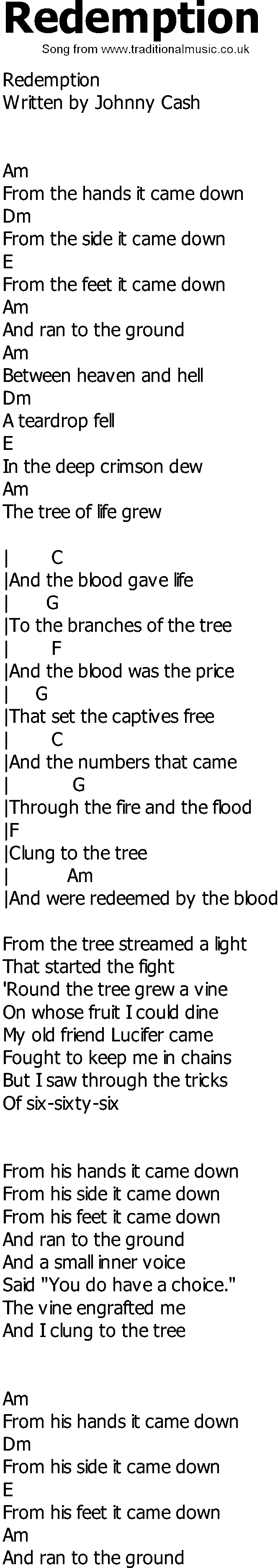 Old Country song lyrics with chords - Redemption