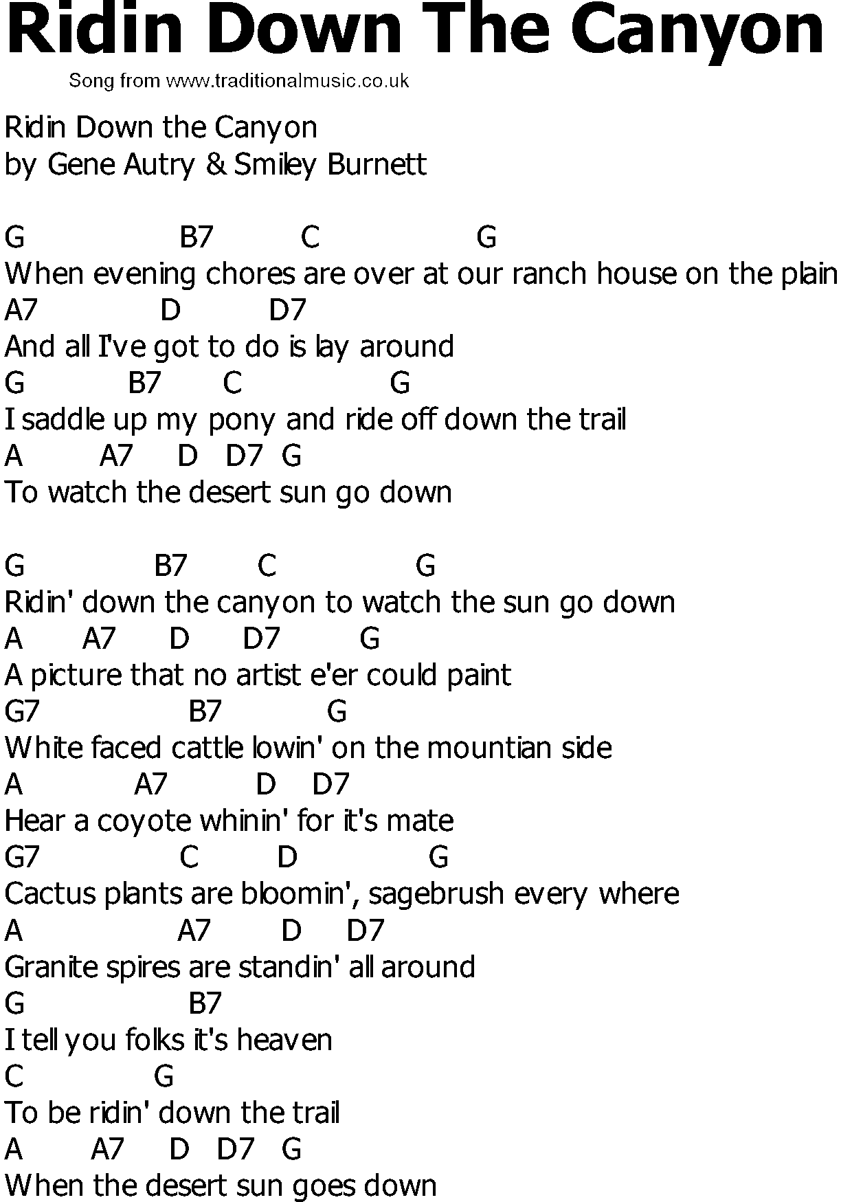 Old Country song lyrics with chords - Ridin Down The Canyon