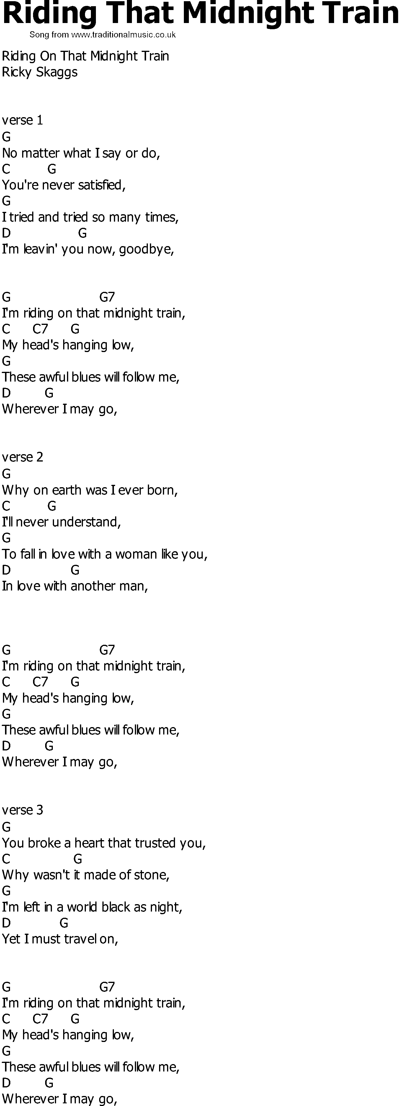 Old Country song lyrics with chords - Riding That Midnight Train