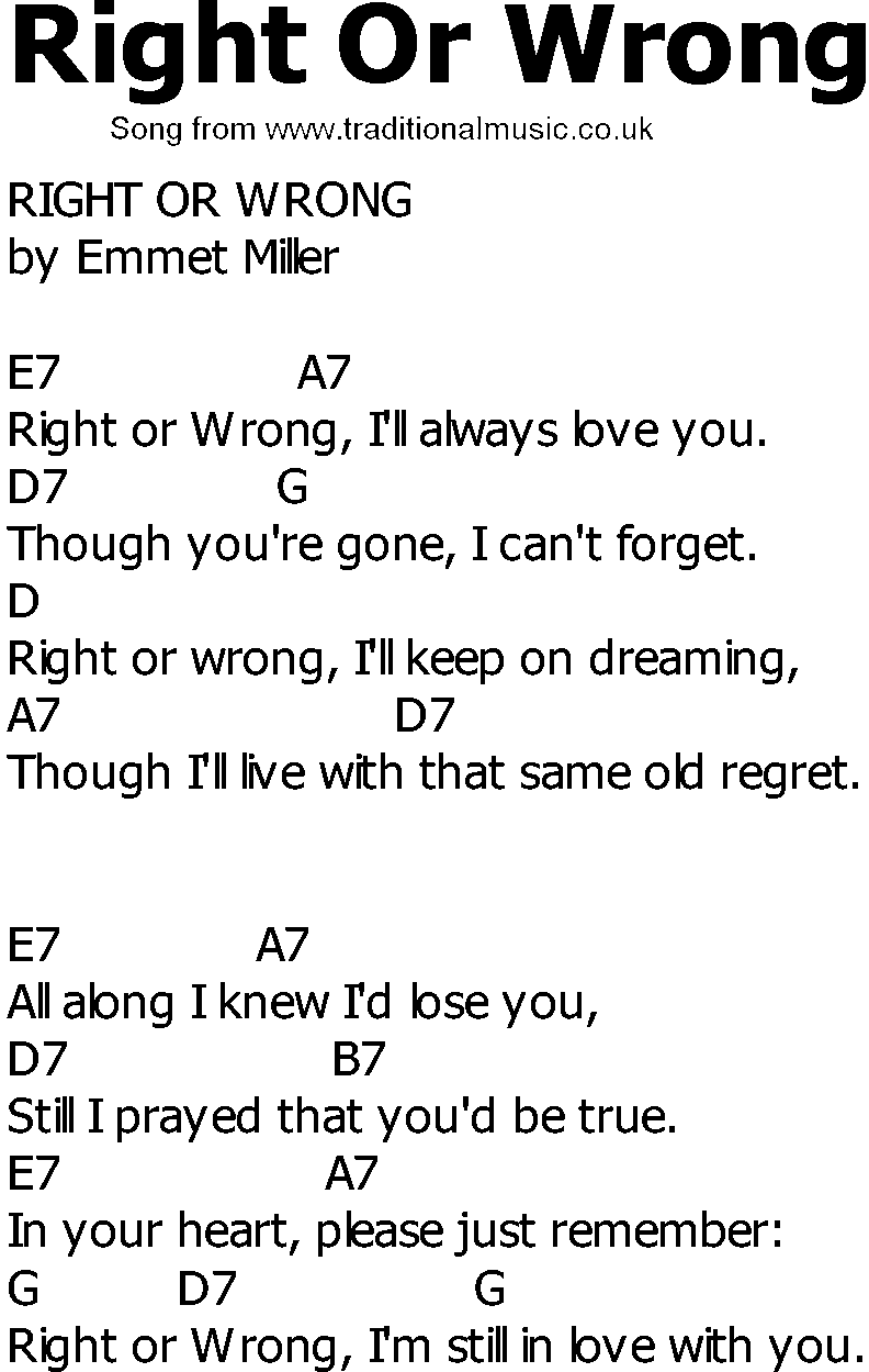 Old Country song lyrics with chords - Right Or Wrong