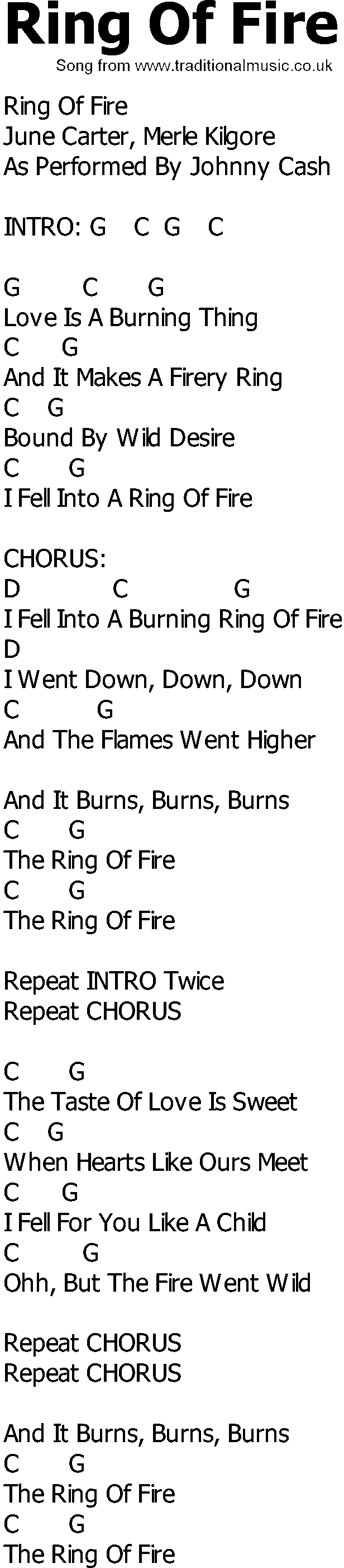Old Country song lyrics with chords - Ring Of Fire