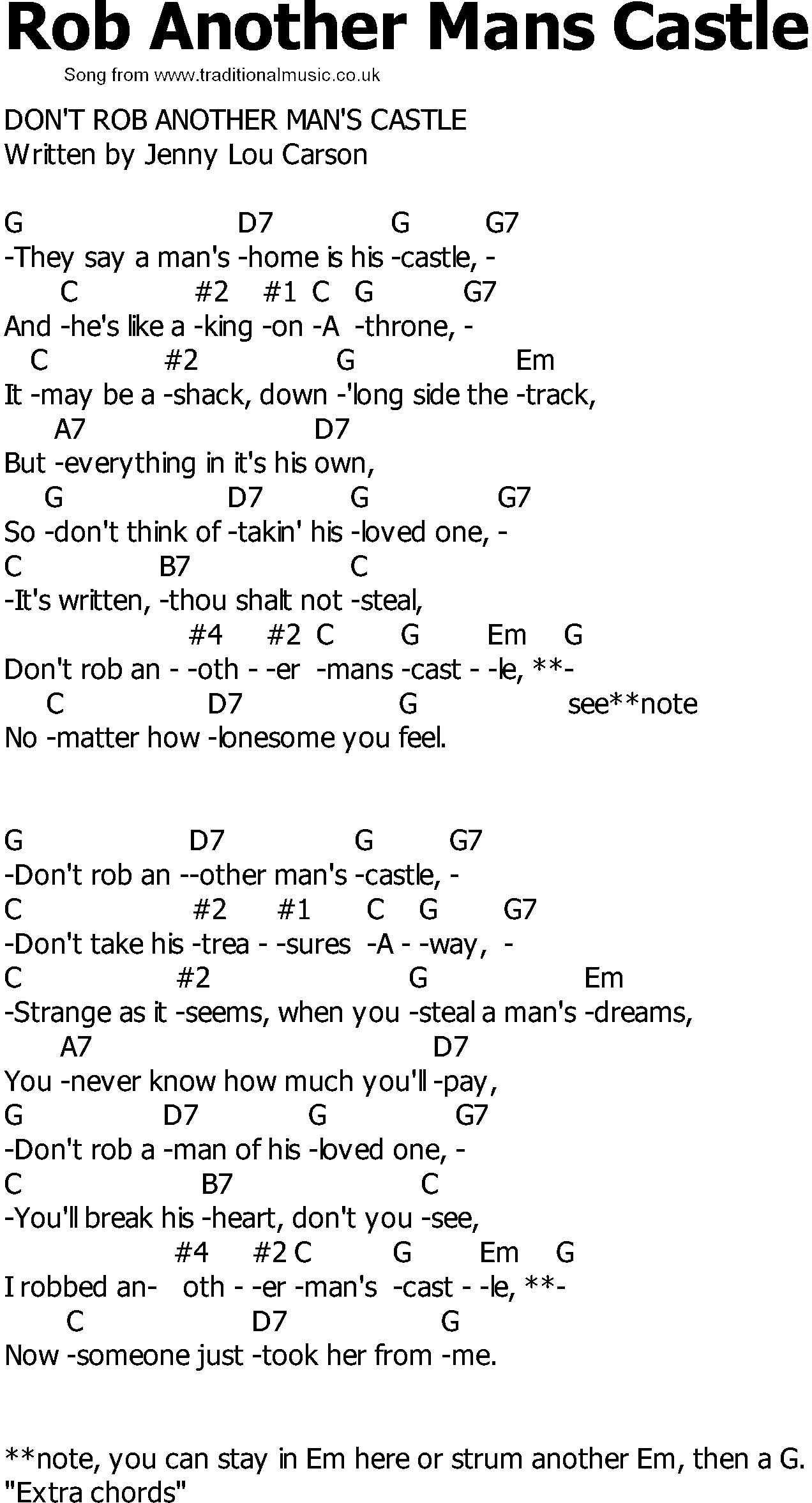 Old Country song lyrics with chords - Rob Another Mans Castle