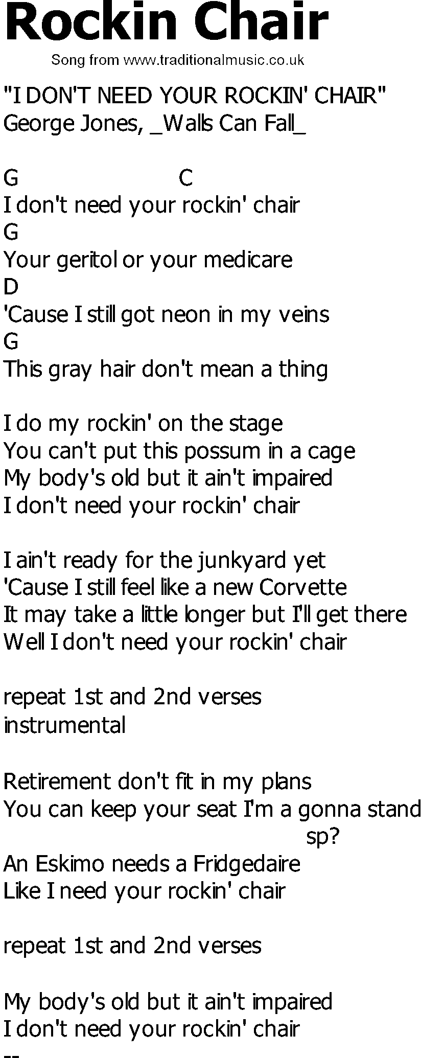 Old Country song lyrics with chords - Rockin Chair