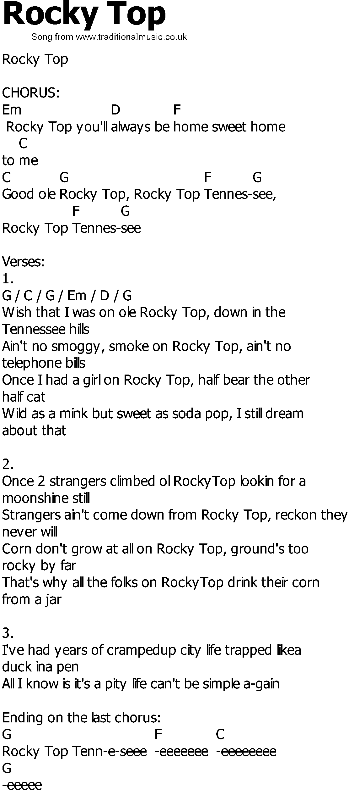 Old Country song lyrics with chords - Rocky Top