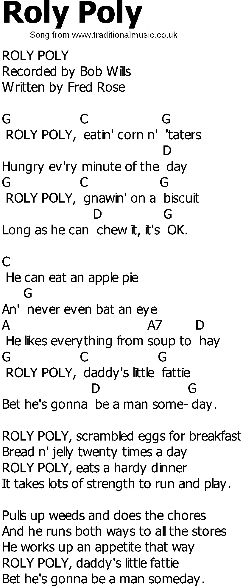 Old Country song lyrics with chords - Roly Poly