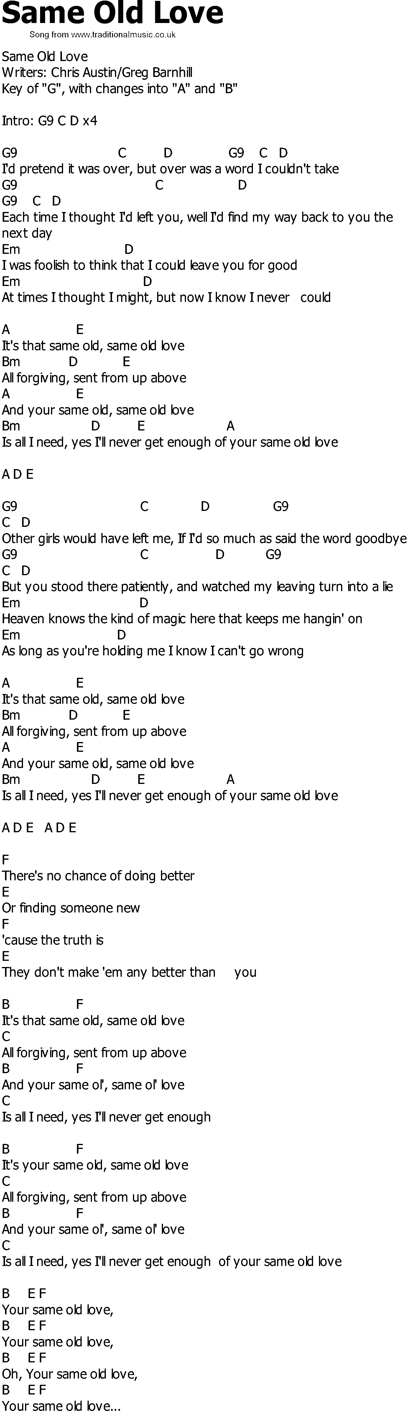 Old Country song lyrics with chords - Same Old Love