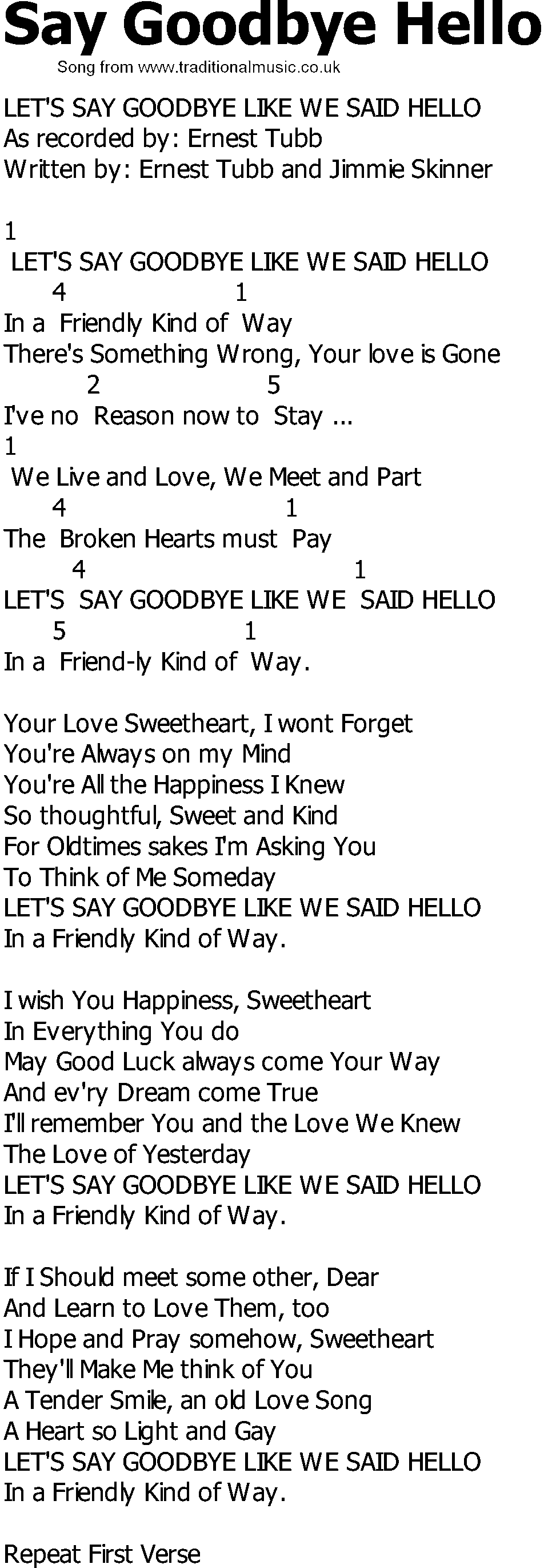 Old Country song lyrics with chords - Say Goodbye Hello
