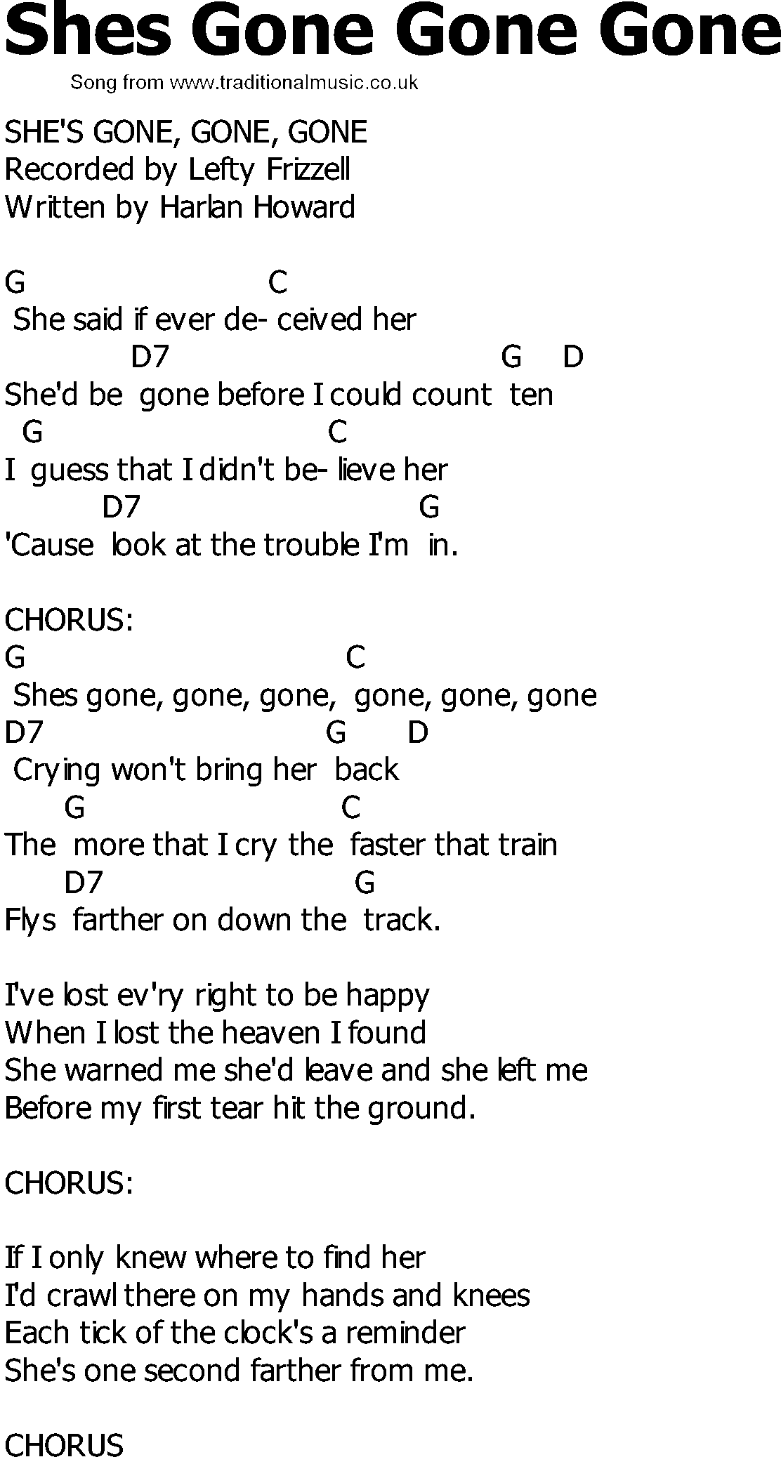 Old Country song lyrics with chords - Shes Gone Gone Gone