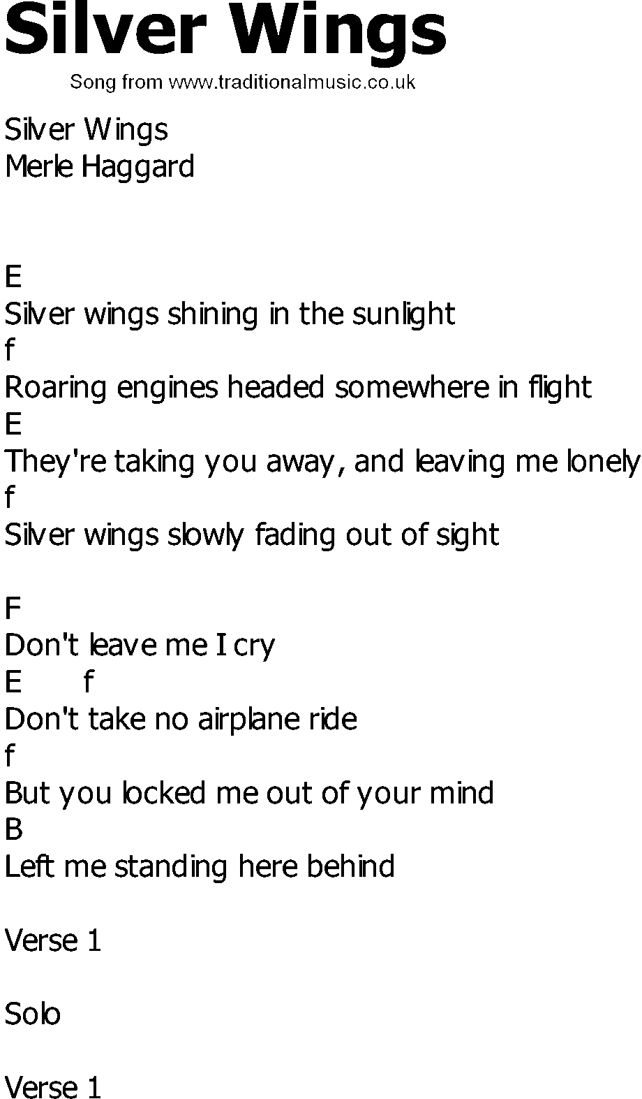 Old Country song lyrics with chords - Silver Wings