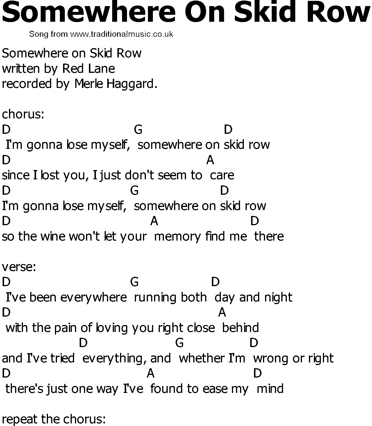 Old Country song lyrics with chords - Somewhere On Skid Row
