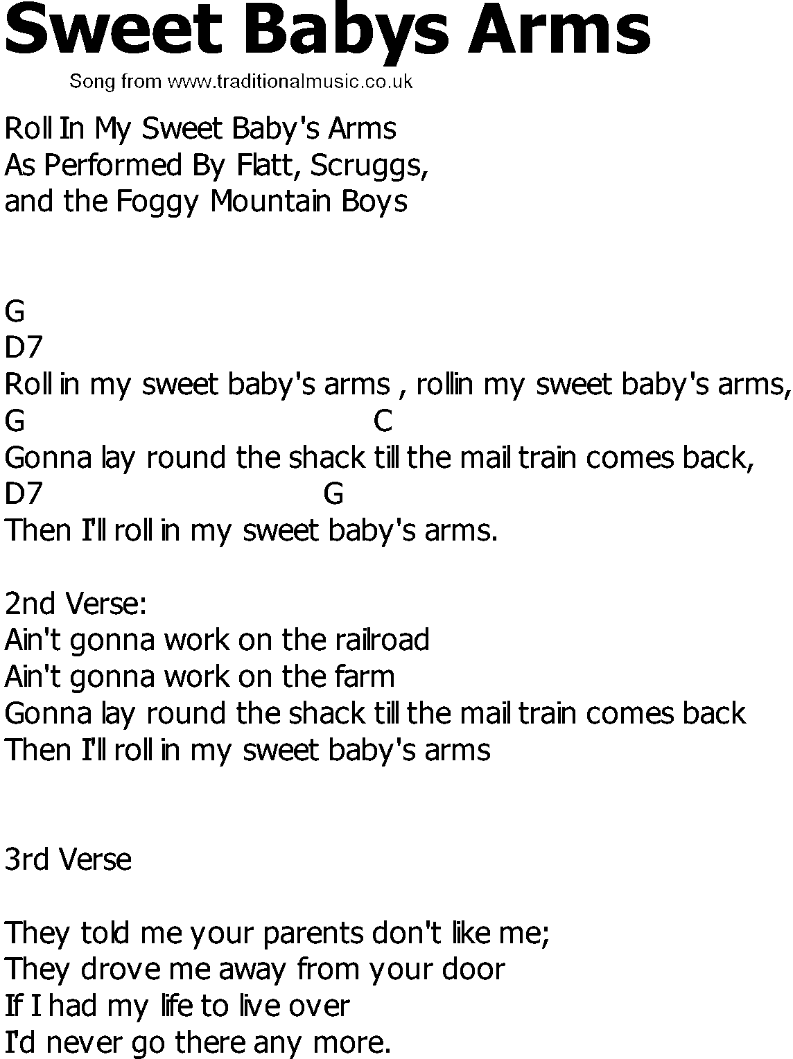 Old Country song lyrics with chords - Sweet Babys Arms