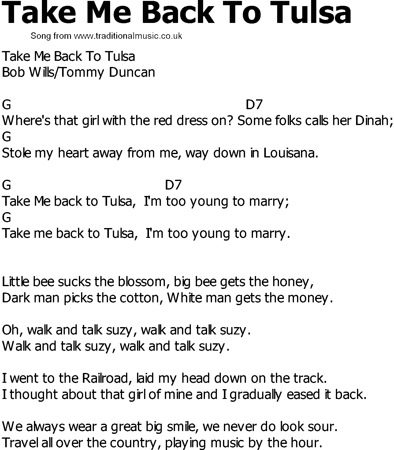 Old Country song lyrics with chords - Take Me Back To Tulsa