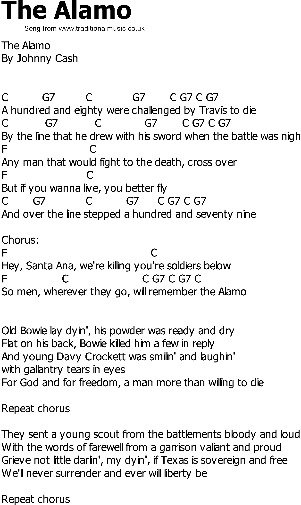 Old Country song lyrics with chords - The Alamo