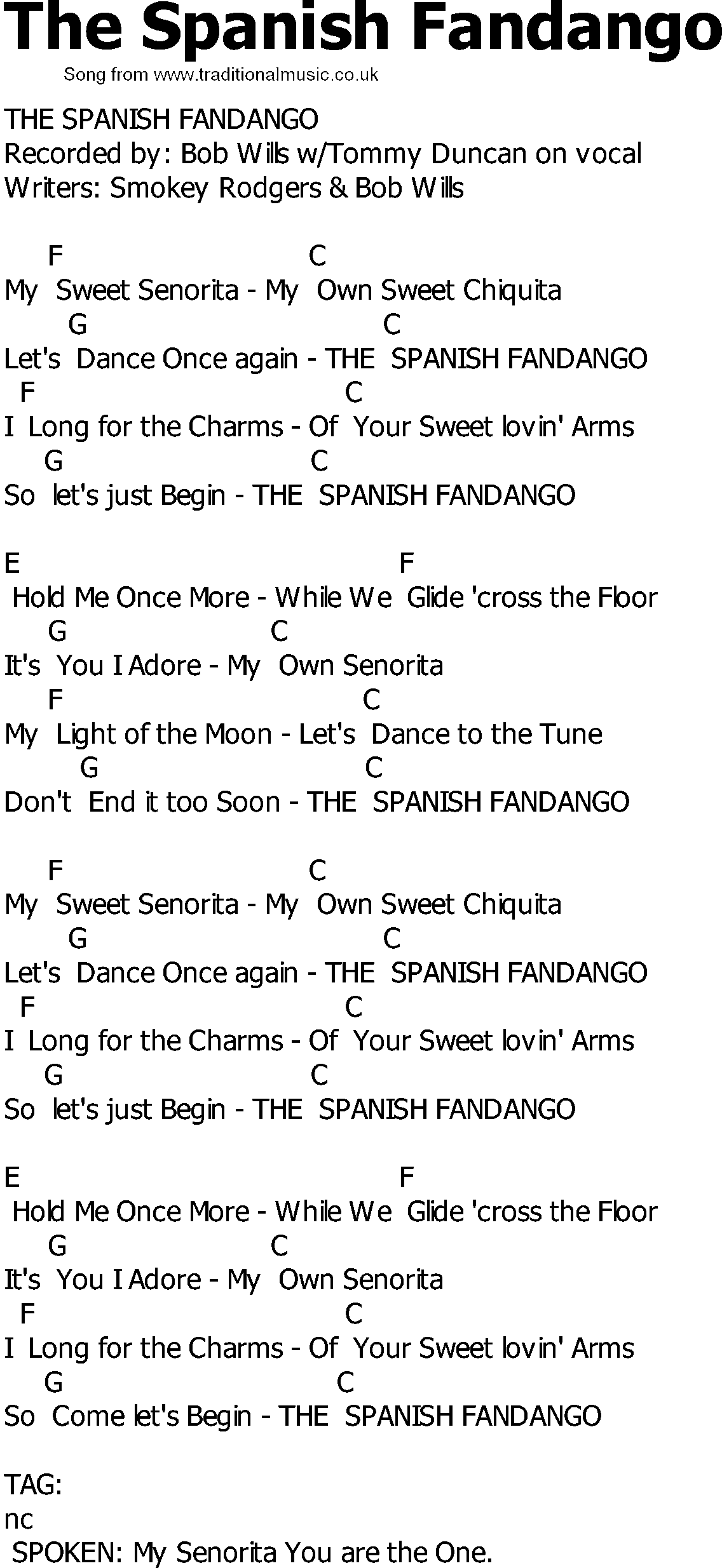 Old Country song lyrics with chords - The Spanish Fandango