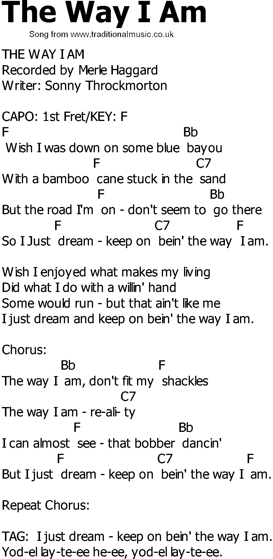 Old Country song lyrics with chords - The Way I Am
