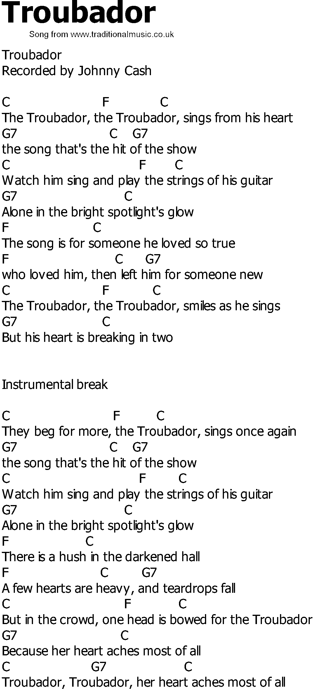 Old Country song lyrics with chords - Troubador