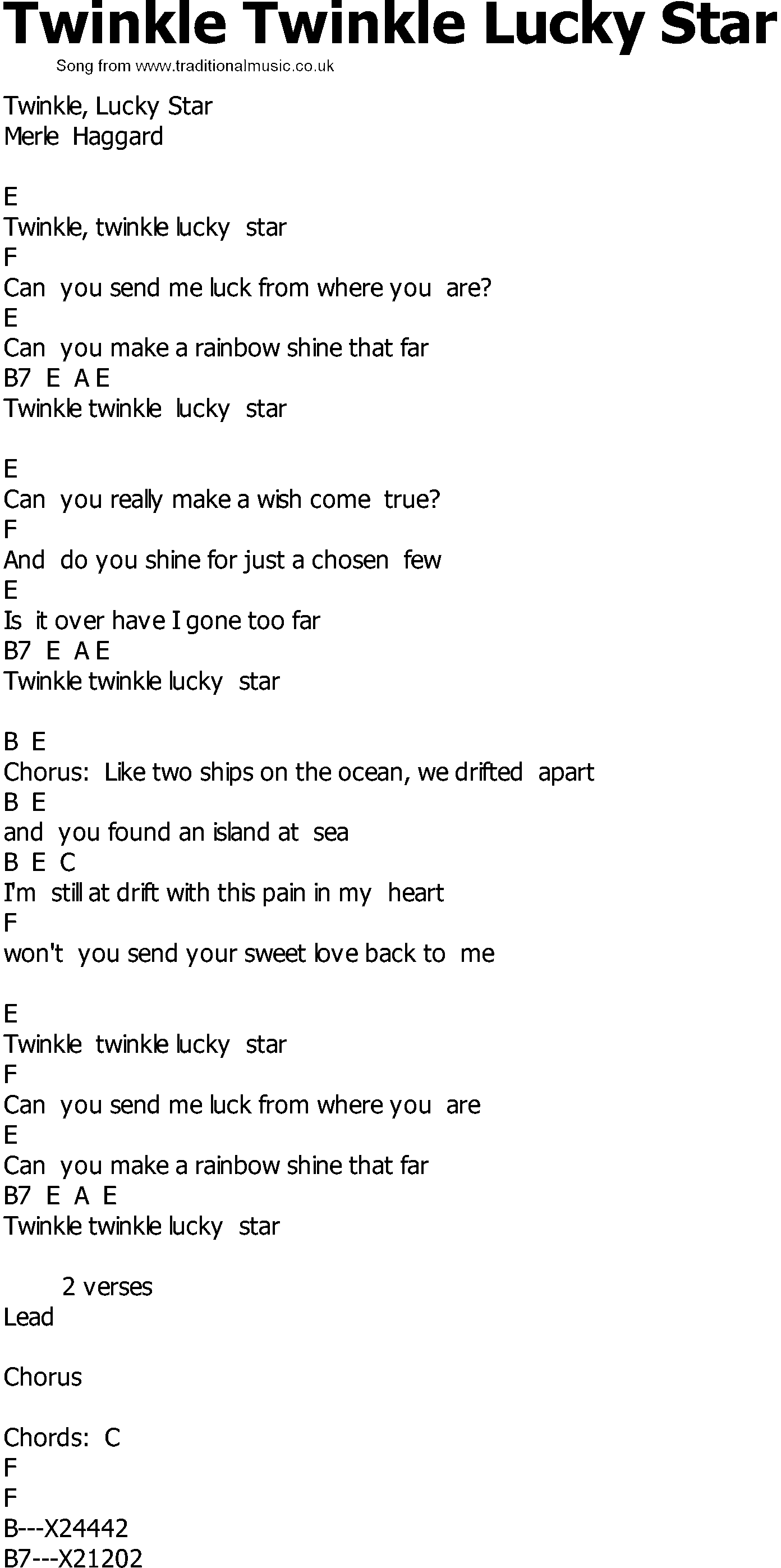 Old Country song lyrics with chords - Twinkle Twinkle Lucky Star