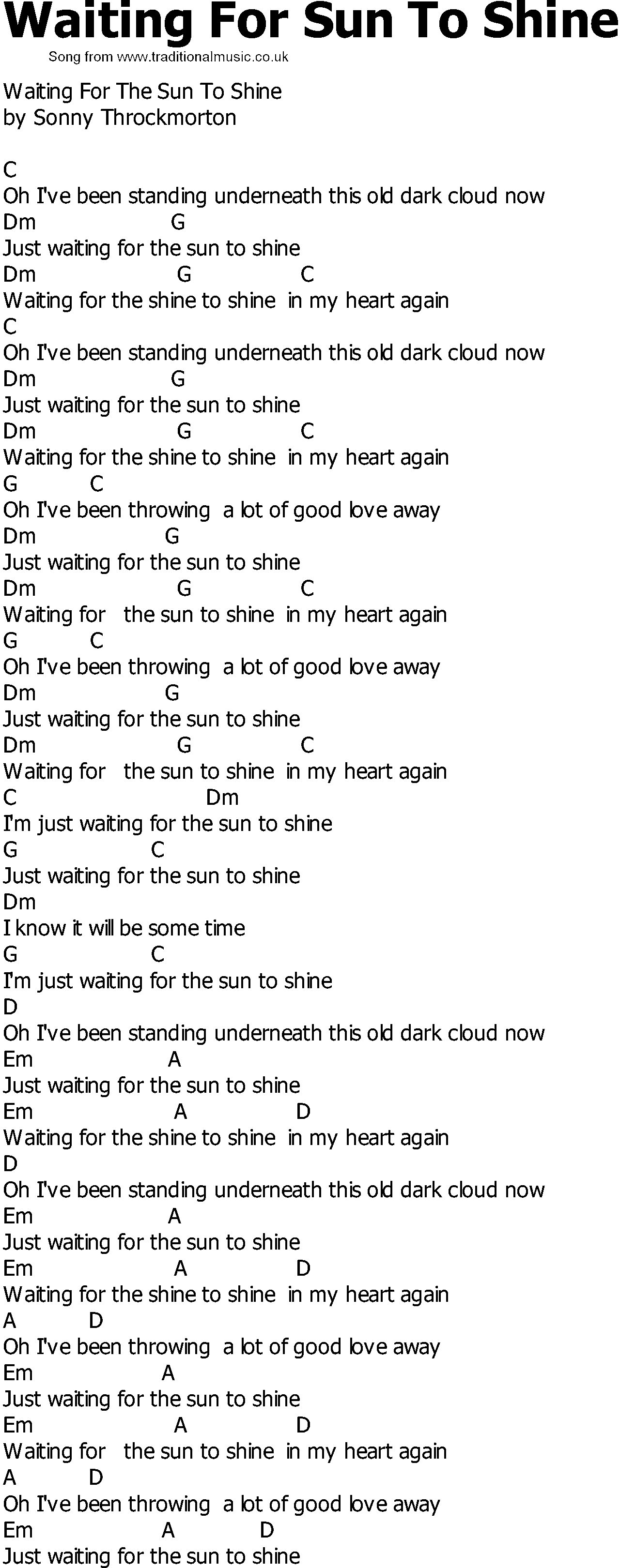 Old Country song lyrics with chords - Waiting For Sun To Shine