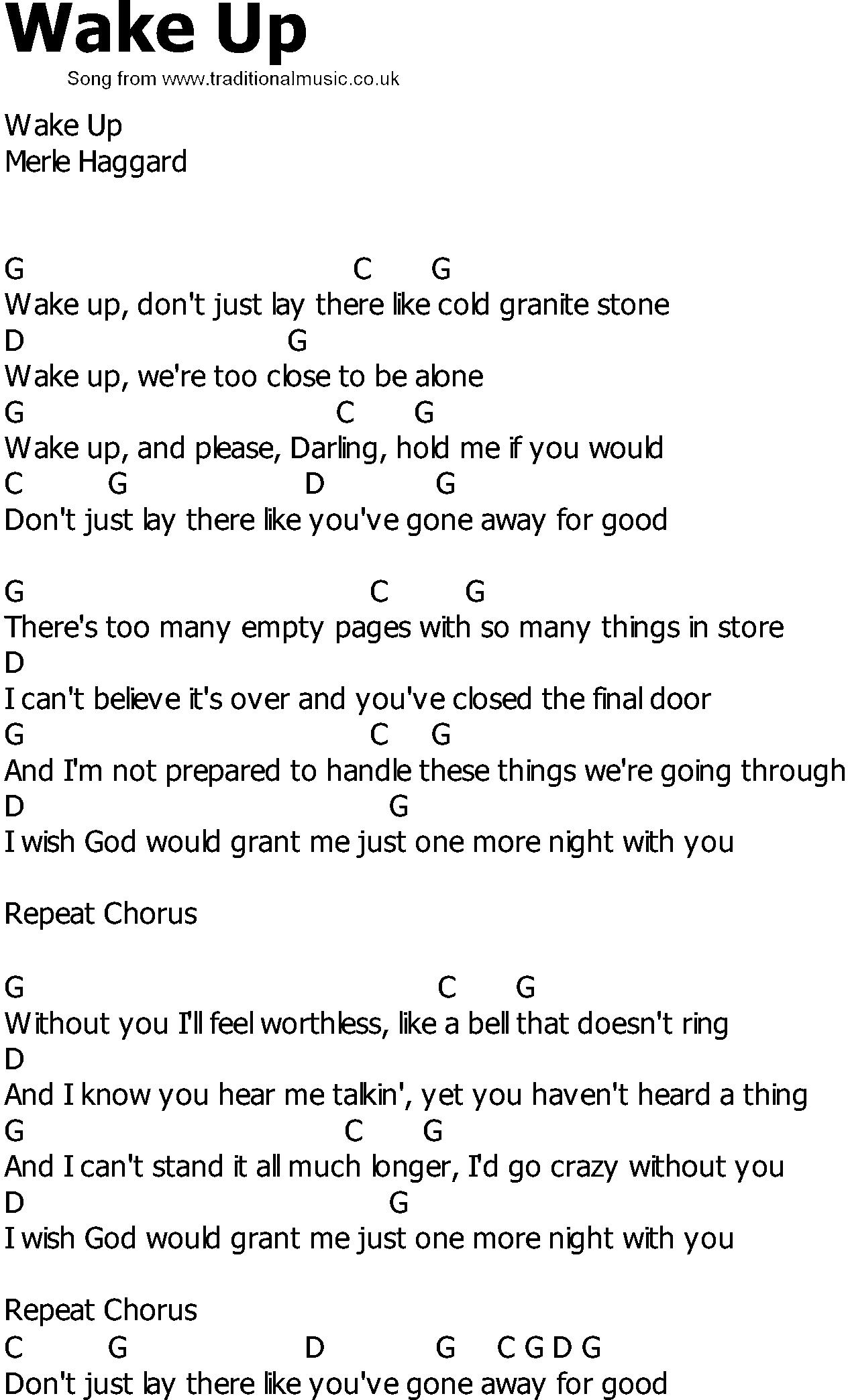 Old Country song lyrics with chords - Wake Up
