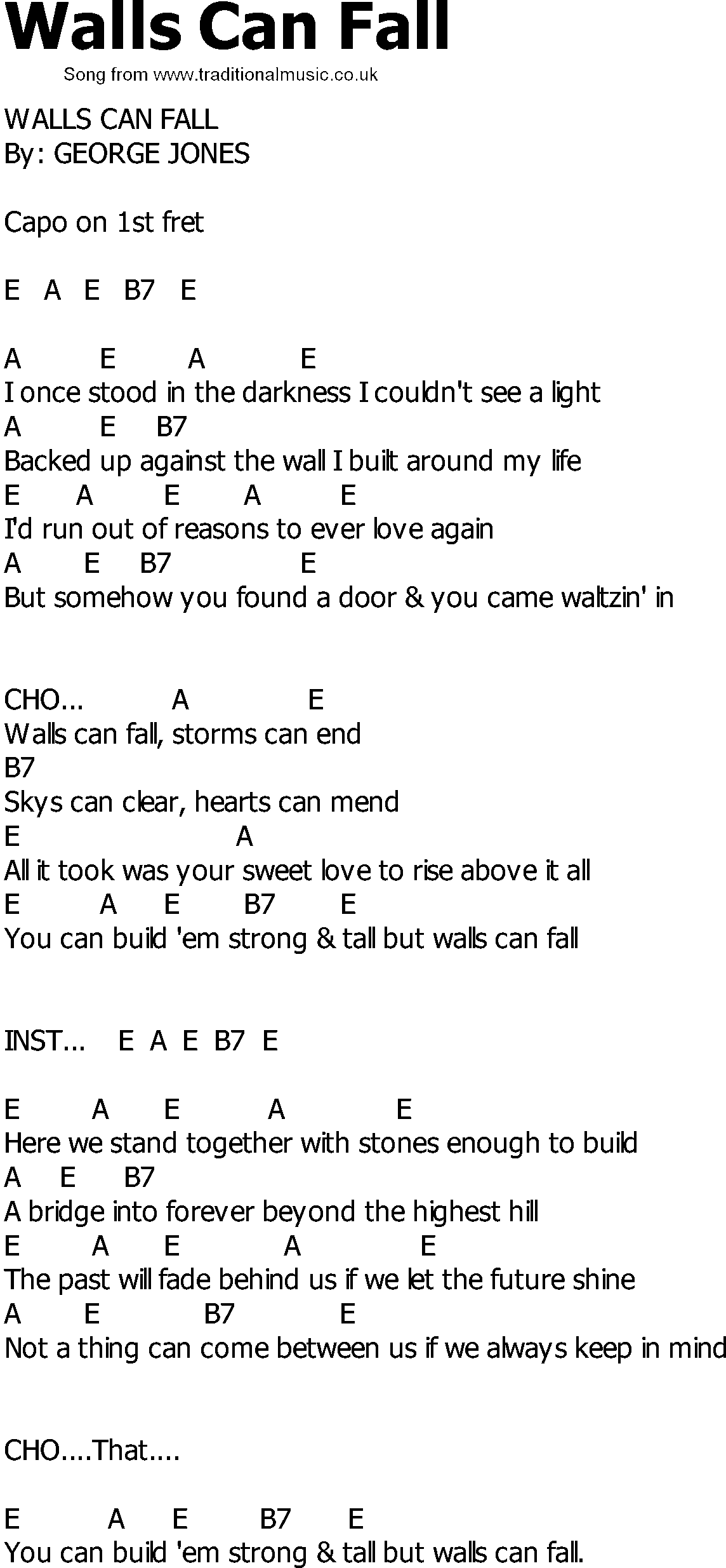 Old Country song lyrics with chords - Walls Can Fall