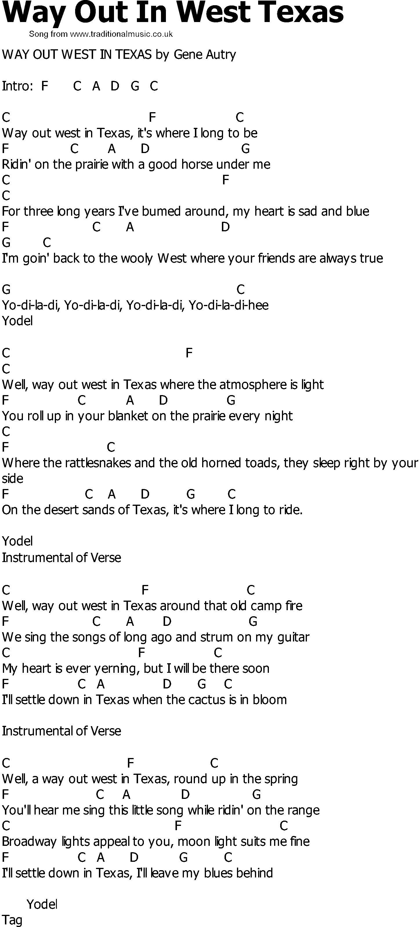 Old Country song lyrics with chords - Way Out In West Texas