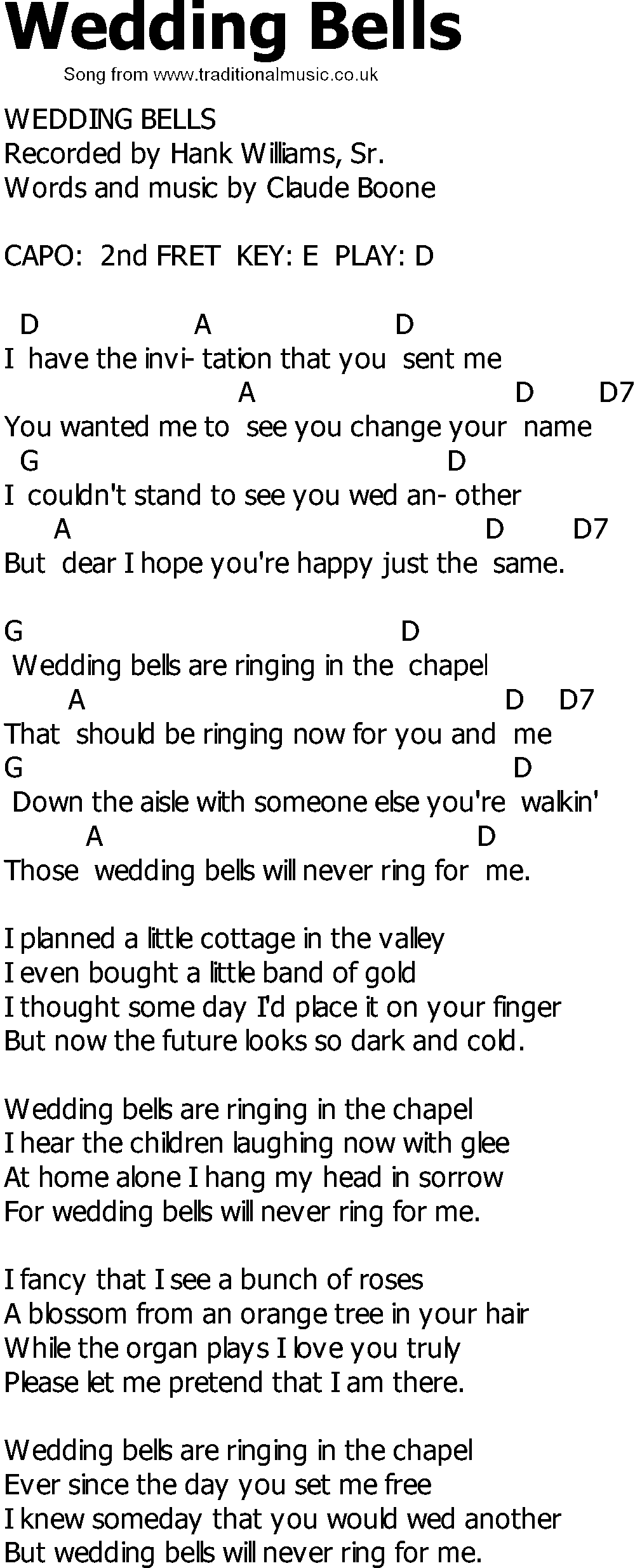Old Country song lyrics with chords - Wedding Bells