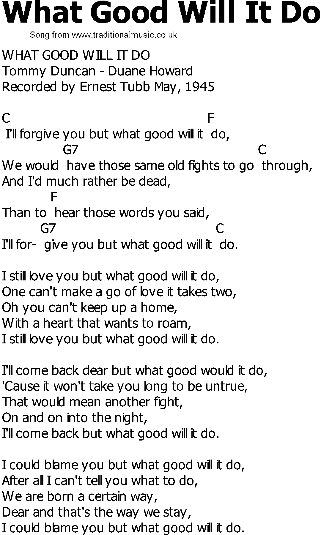 Old Country song lyrics with chords - What Good Will It Do