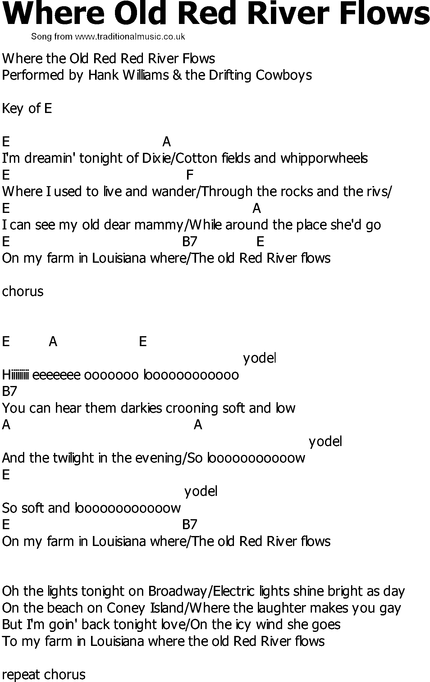 Old Country song lyrics with chords - Where Old Red River Flows