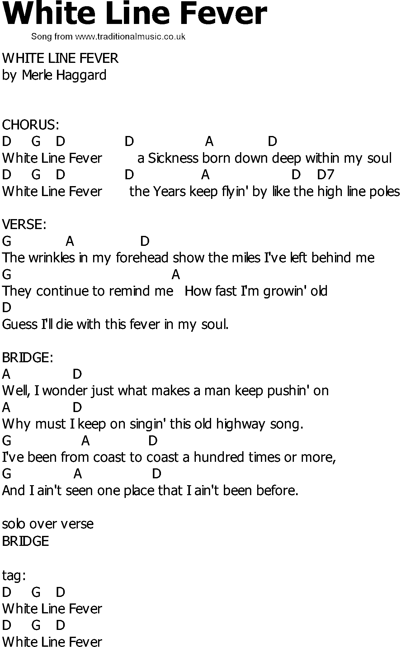Old Country song lyrics with chords - White Line Fever