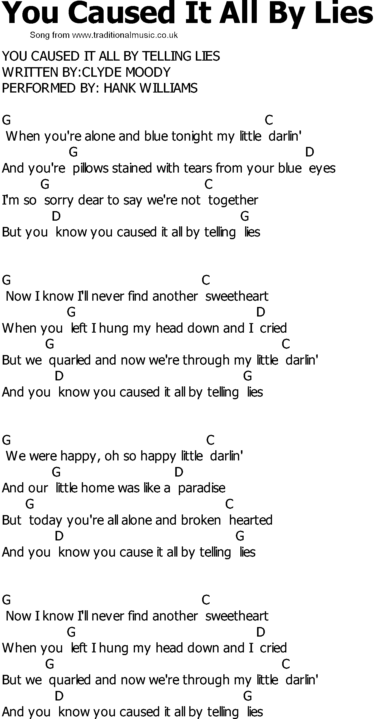 Old Country song lyrics with chords - You Caused It All By Lies
